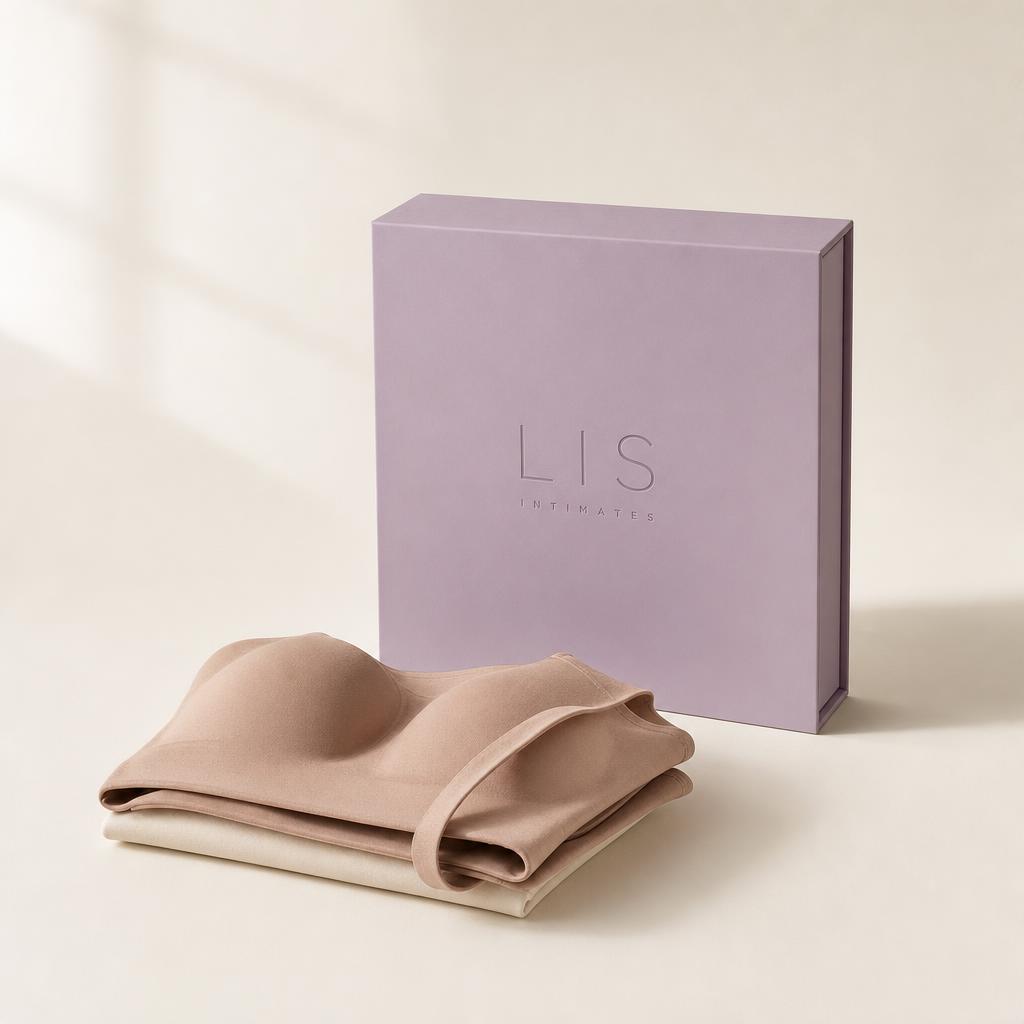 Wireless Comfy Bra folded beside the LIS Intimates box